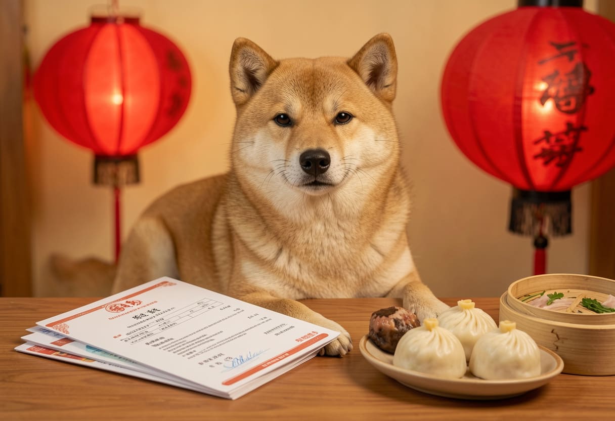 Dog with Hong Kong items and travel papers