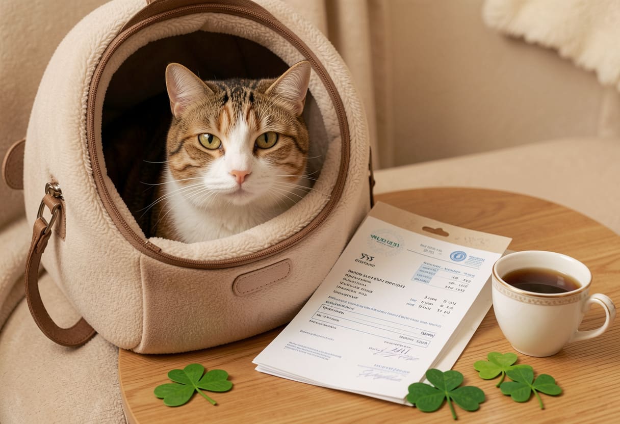 Cat with Irish items and travel papers