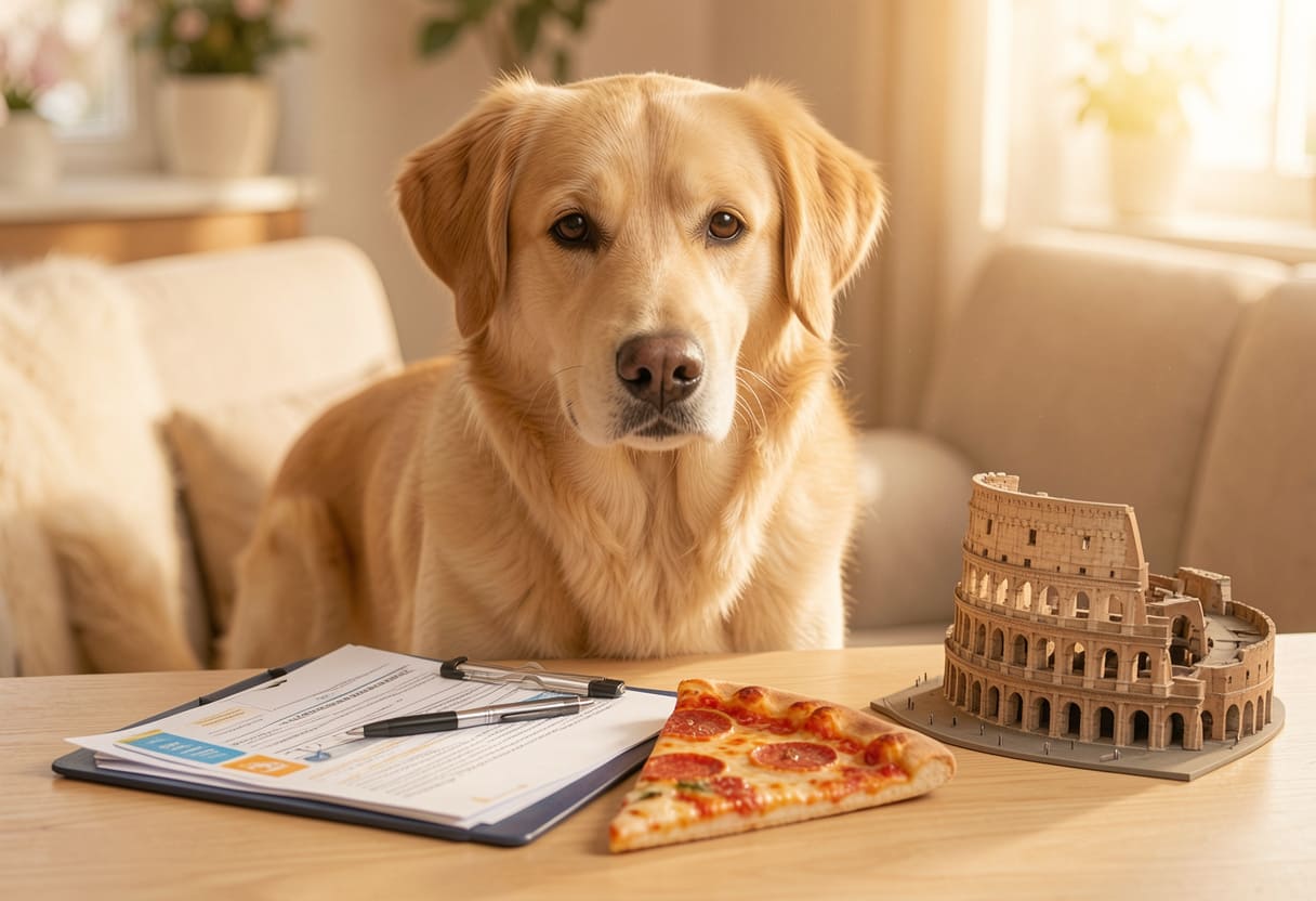 Dog with Italian items and travel papers