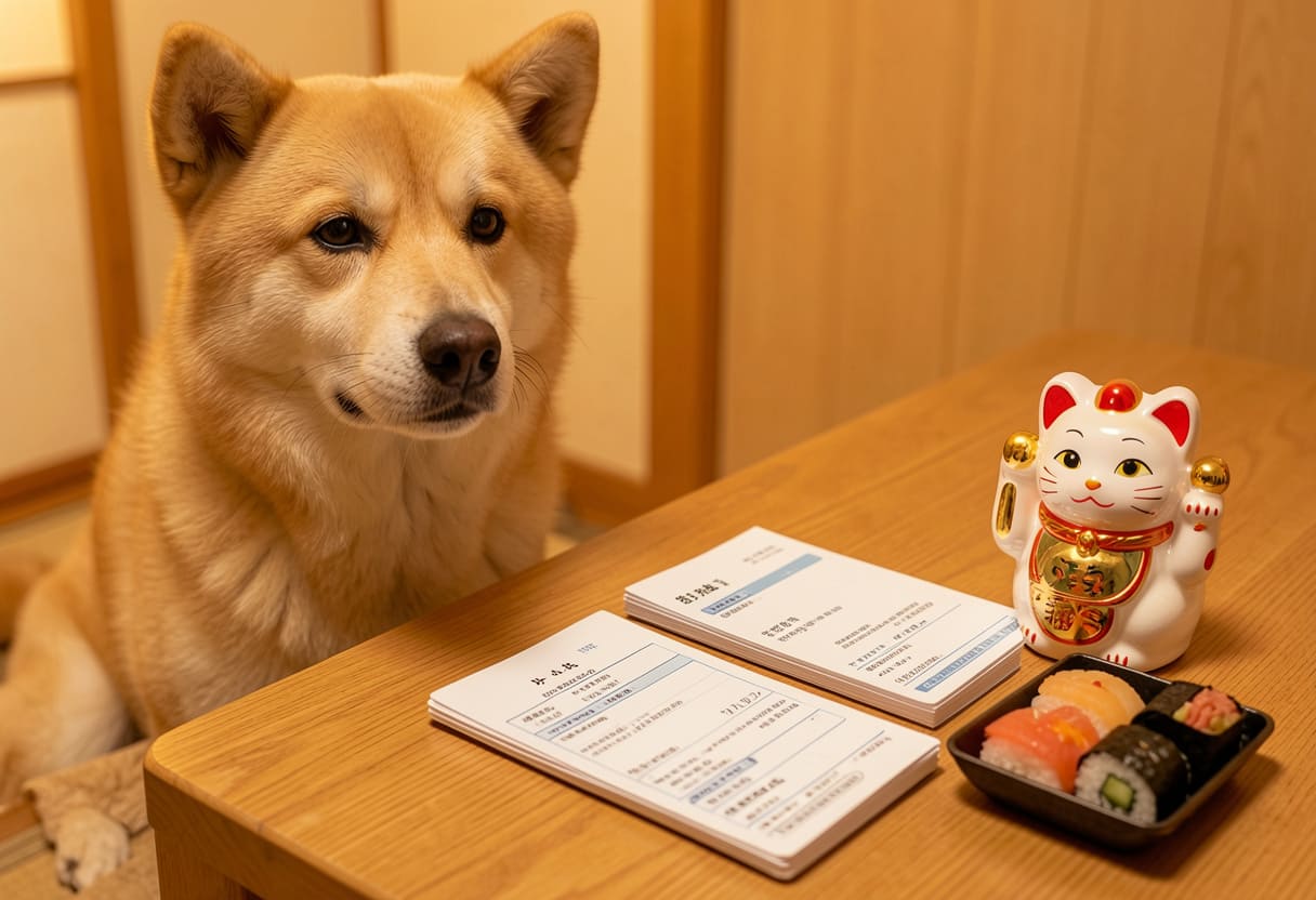 Dog with Japanese items and travel papers