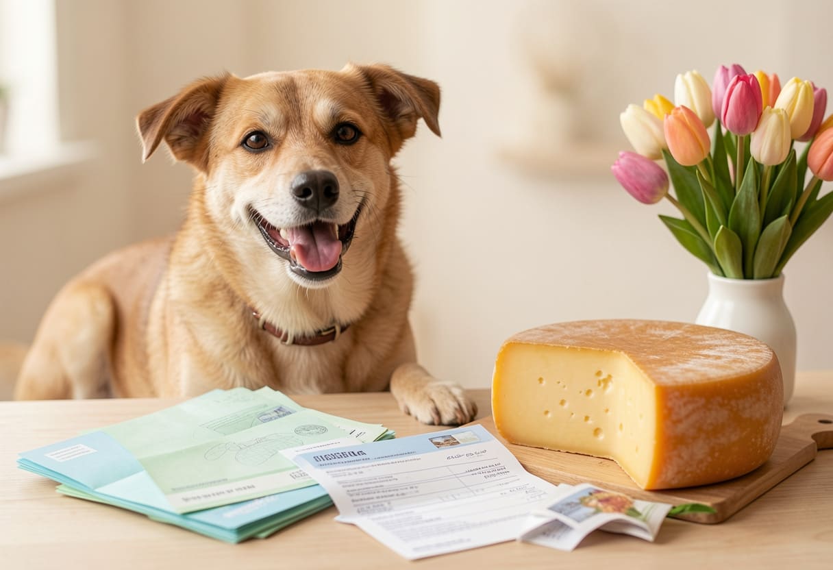 Dog with Dutch items and travel papers