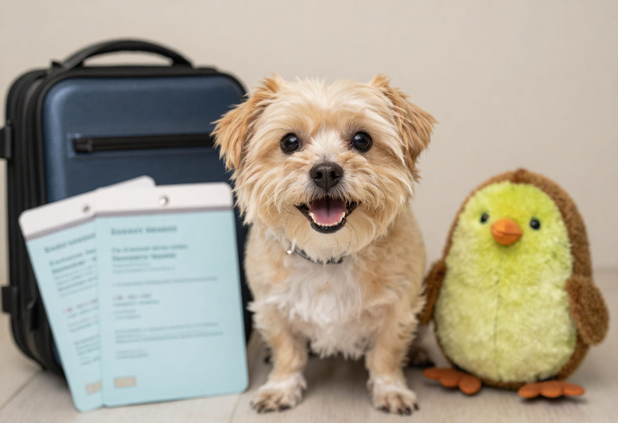 Dog with New Zealand items and travel papers