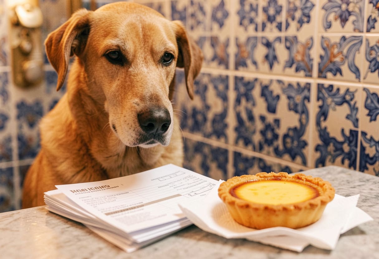 Dog with Portuguese items and travel papers