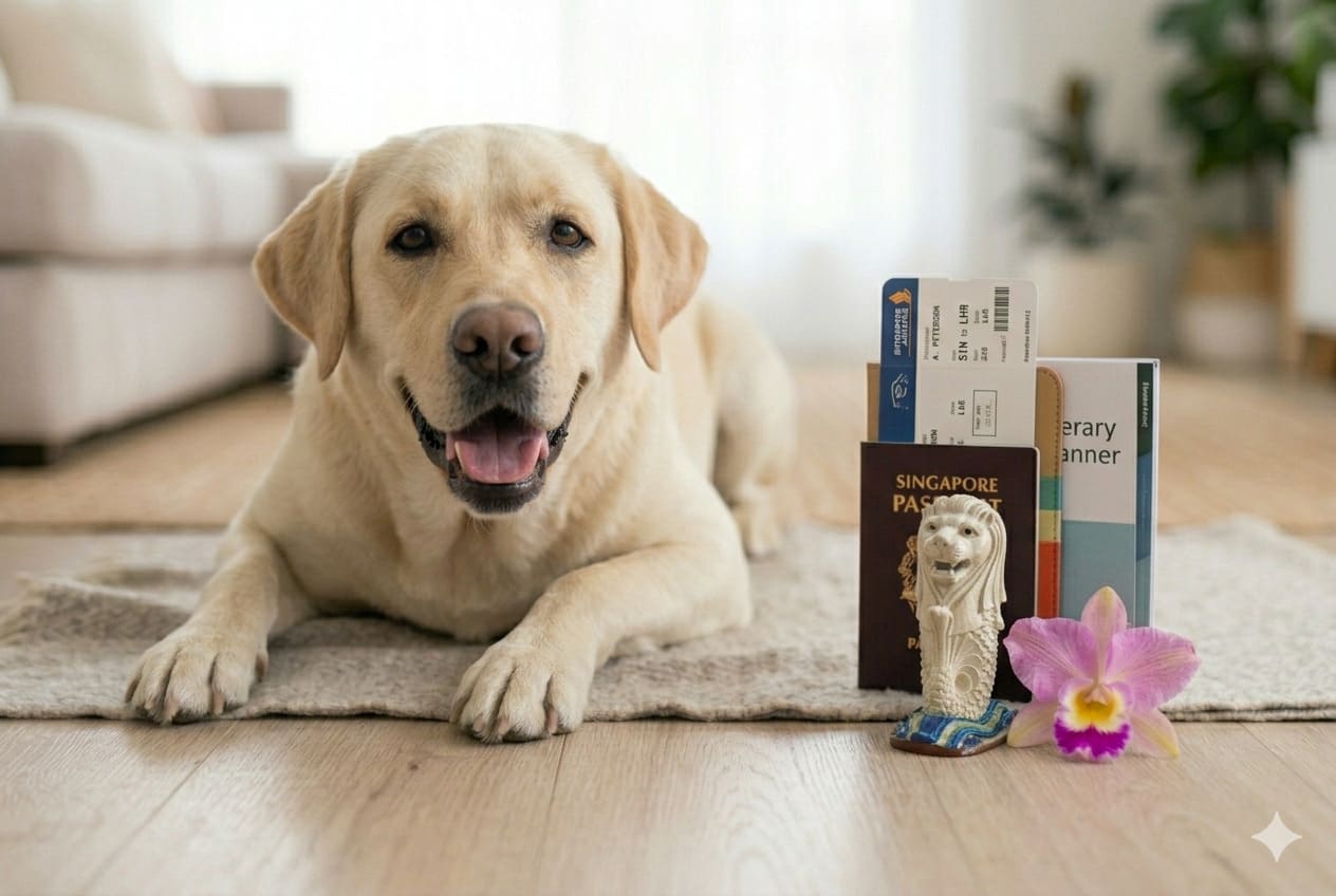 Dog with Singapore items and travel papers