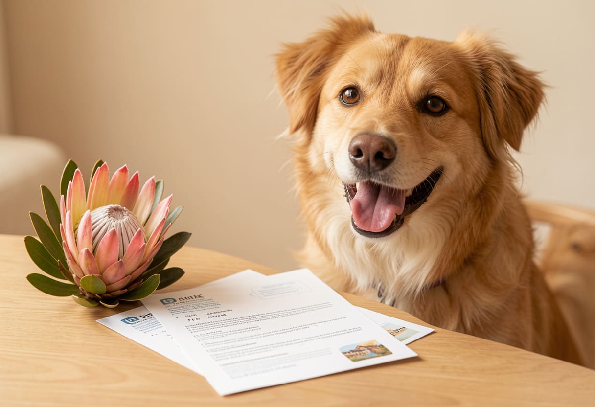 Dog with South African items and travel papers