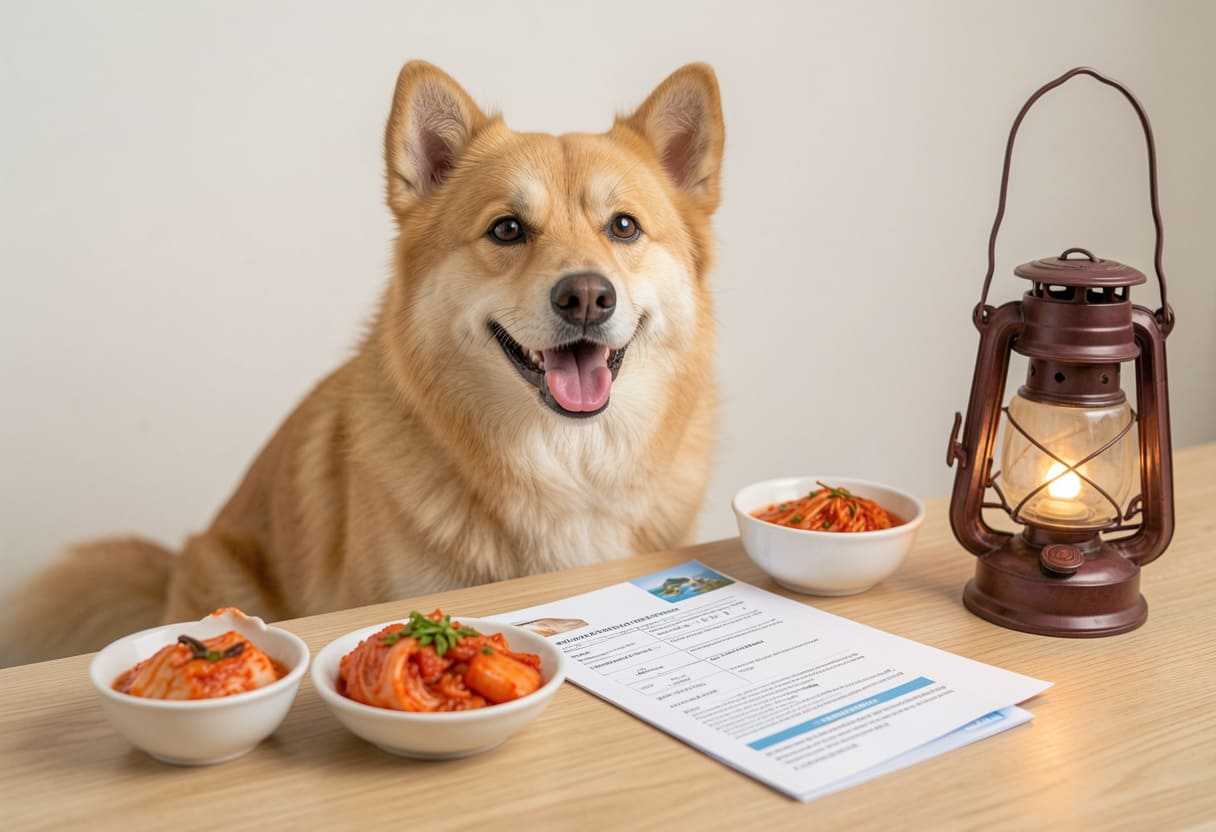 Dog with Korean items and travel papers