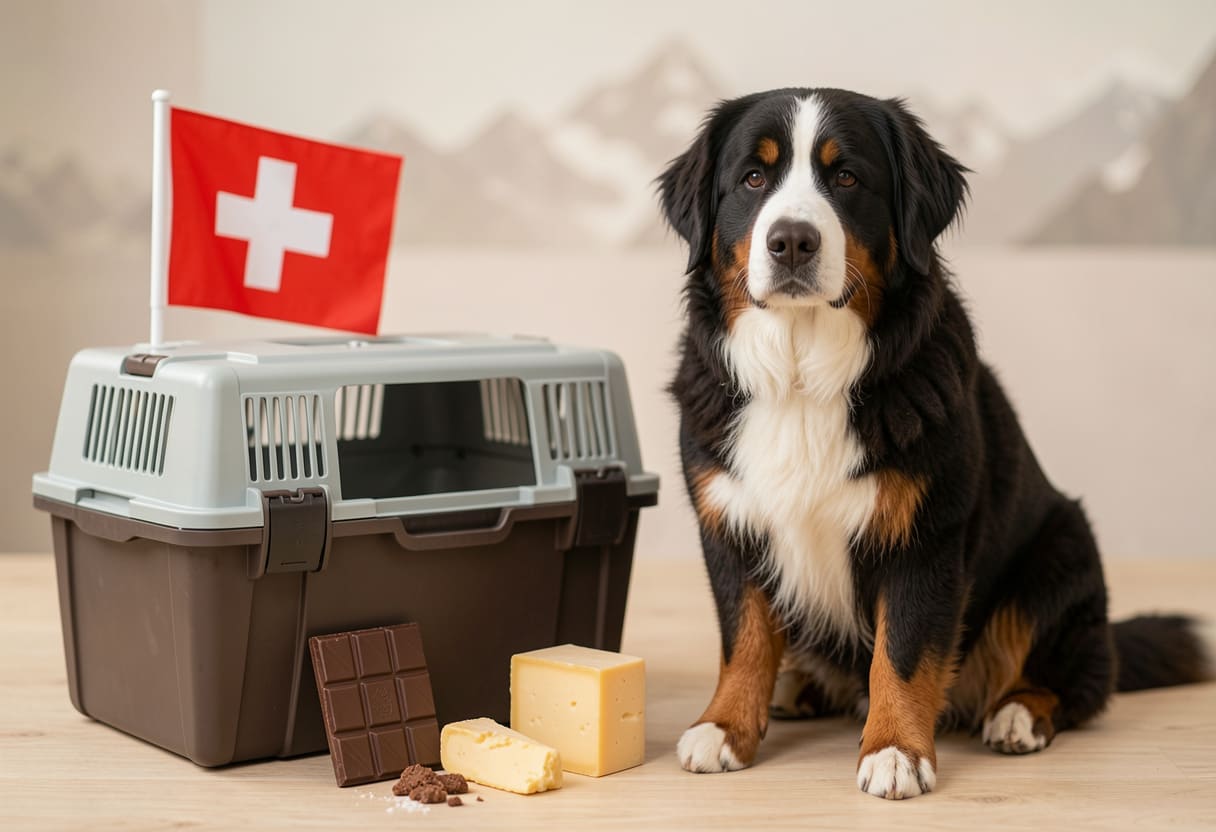 Bernese mountain dog ready for pet relocation from the USA to Switzerland