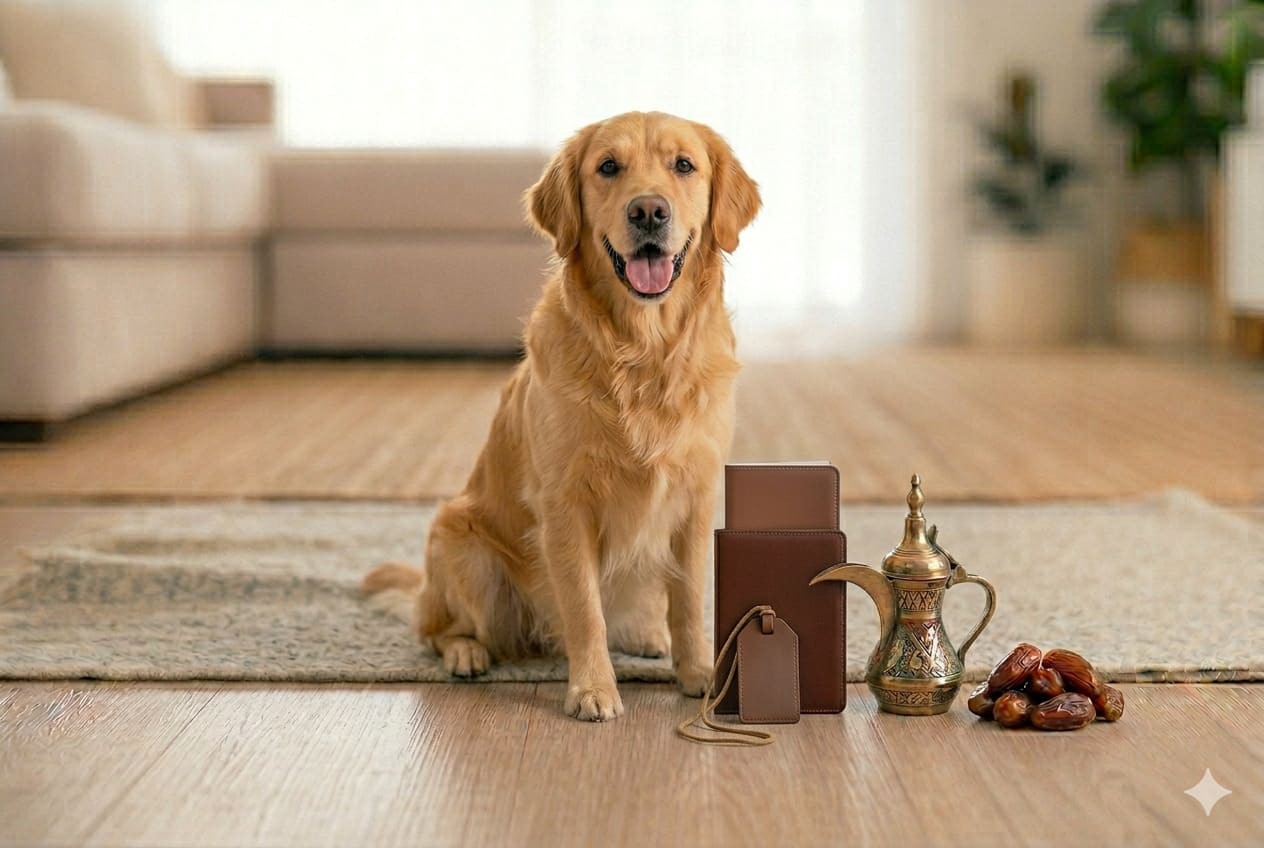 Dog with UAE items and travel papers