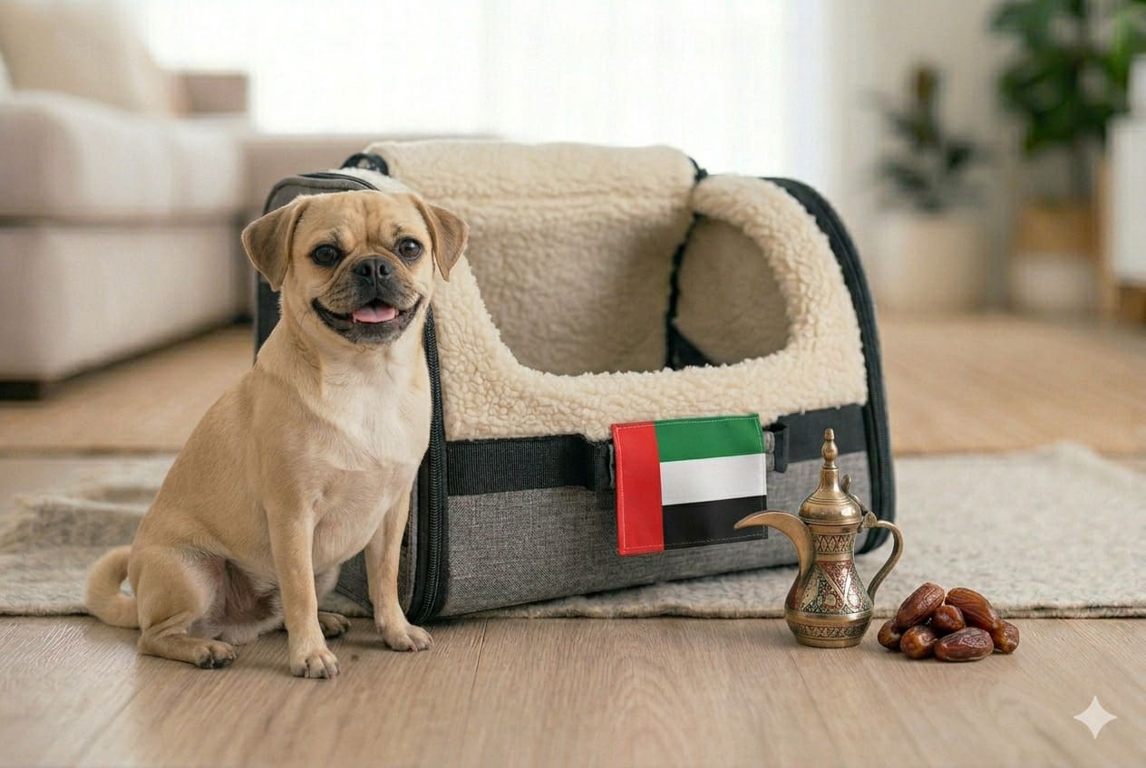 Dog ready for pet relocation from the USA to the United Arab Emirates
