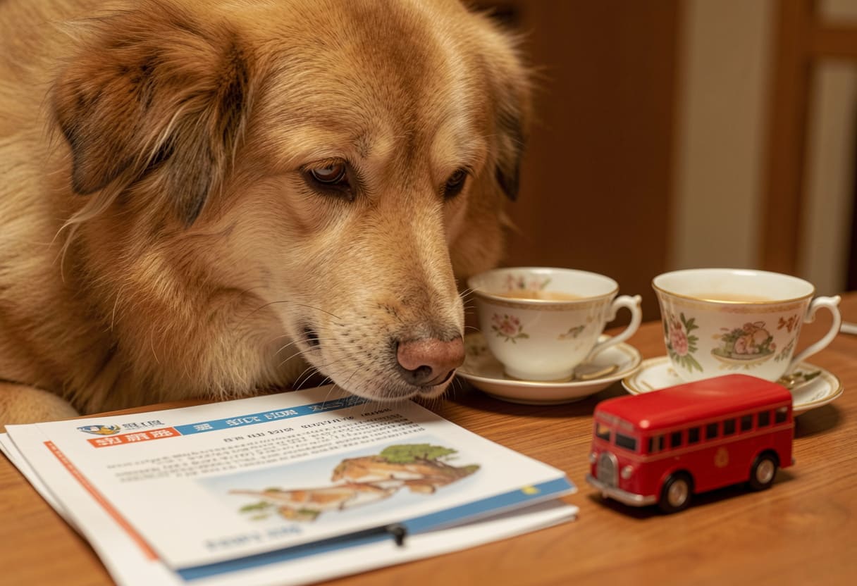 Dog with UK items and travel papers