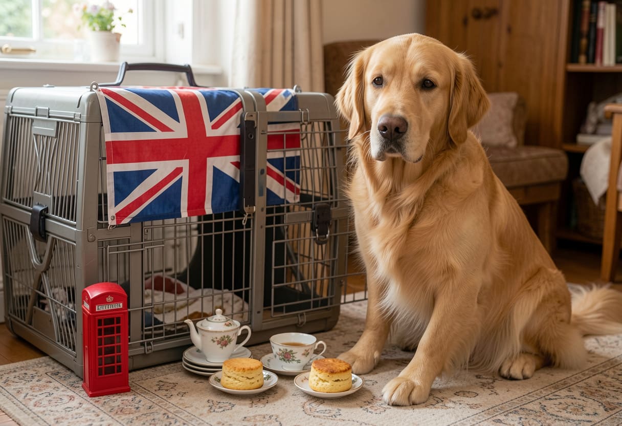 Golden retriever ready for pet relocation from the USA to the United Kingdom