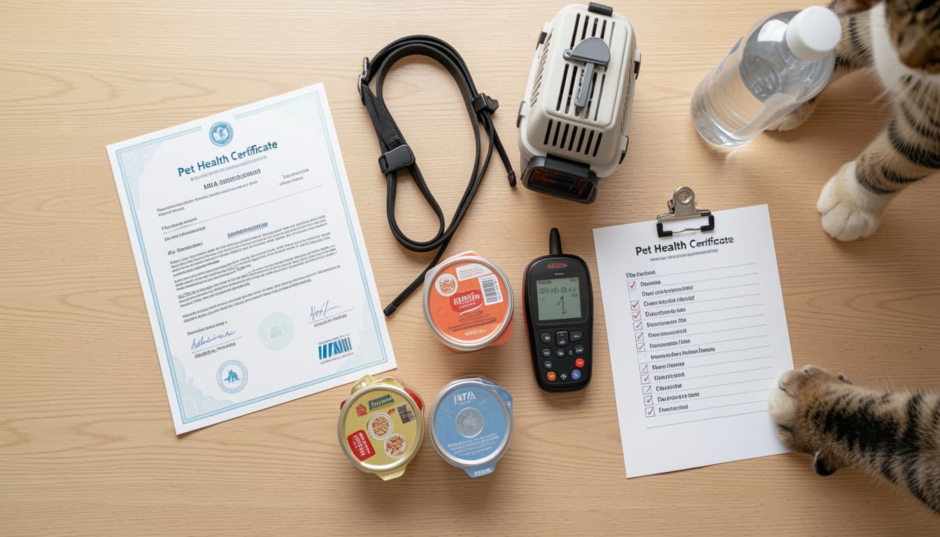 Flat lay of pet travel essentials on a wooden table including a health certificate, carrier, leash, and checklist with a cat paw reaching into frame