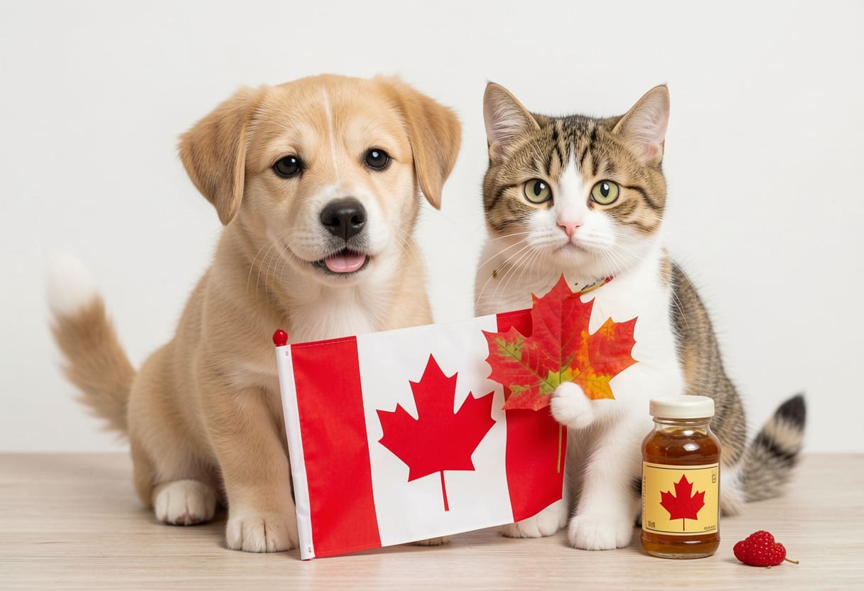 Dog and cat with Canadian items for pet shipping from the USA to Canada