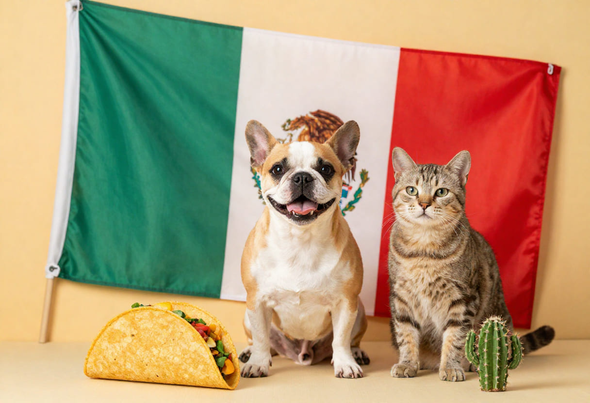 Dog and cat with Mexican items for pet shipping from the USA to Mexico