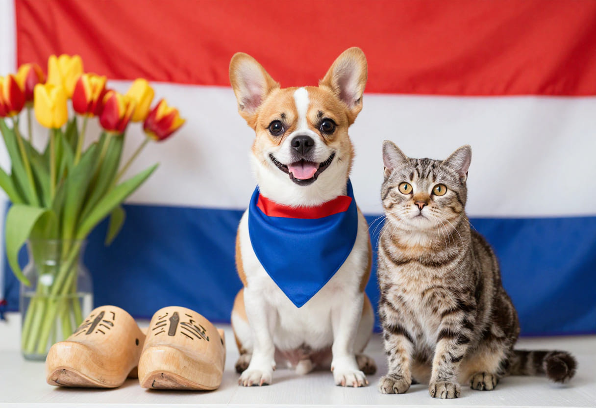 Dog and cat with Dutch items for pet shipping from the USA to the Netherlands