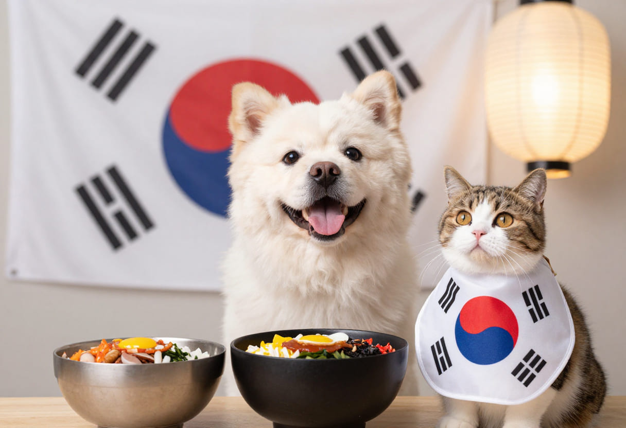 Dog and cat with Korean items for pet shipping from the USA to South Korea