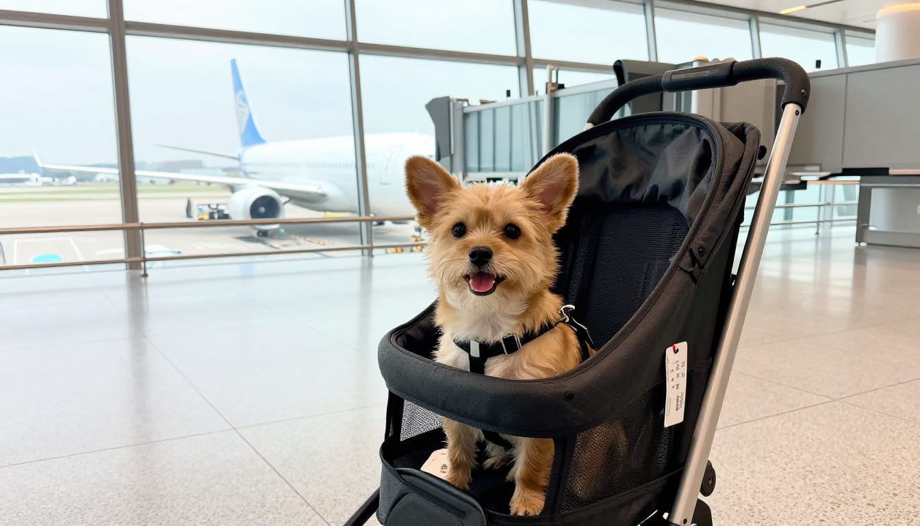 Small dog in a soft carrier beside a boarding pass at a bright airport gate