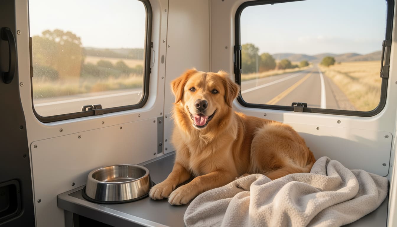 Calm dog resting in a comfortable crate inside a climate-controlled transport van