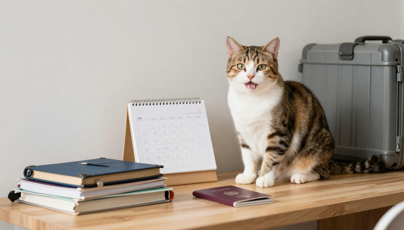 Cat sitting beside a calendar and travel documents on a sunlit desk