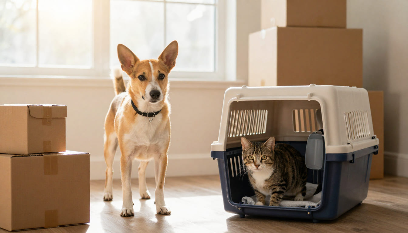 A calm dog and cat sitting beside a travel crate and moving boxes by a sunlit window