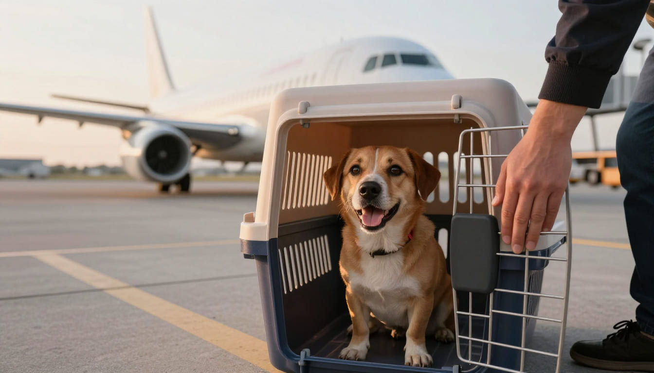 Calm dog inside an airline travel crate on an airport ramp with a jet in the background