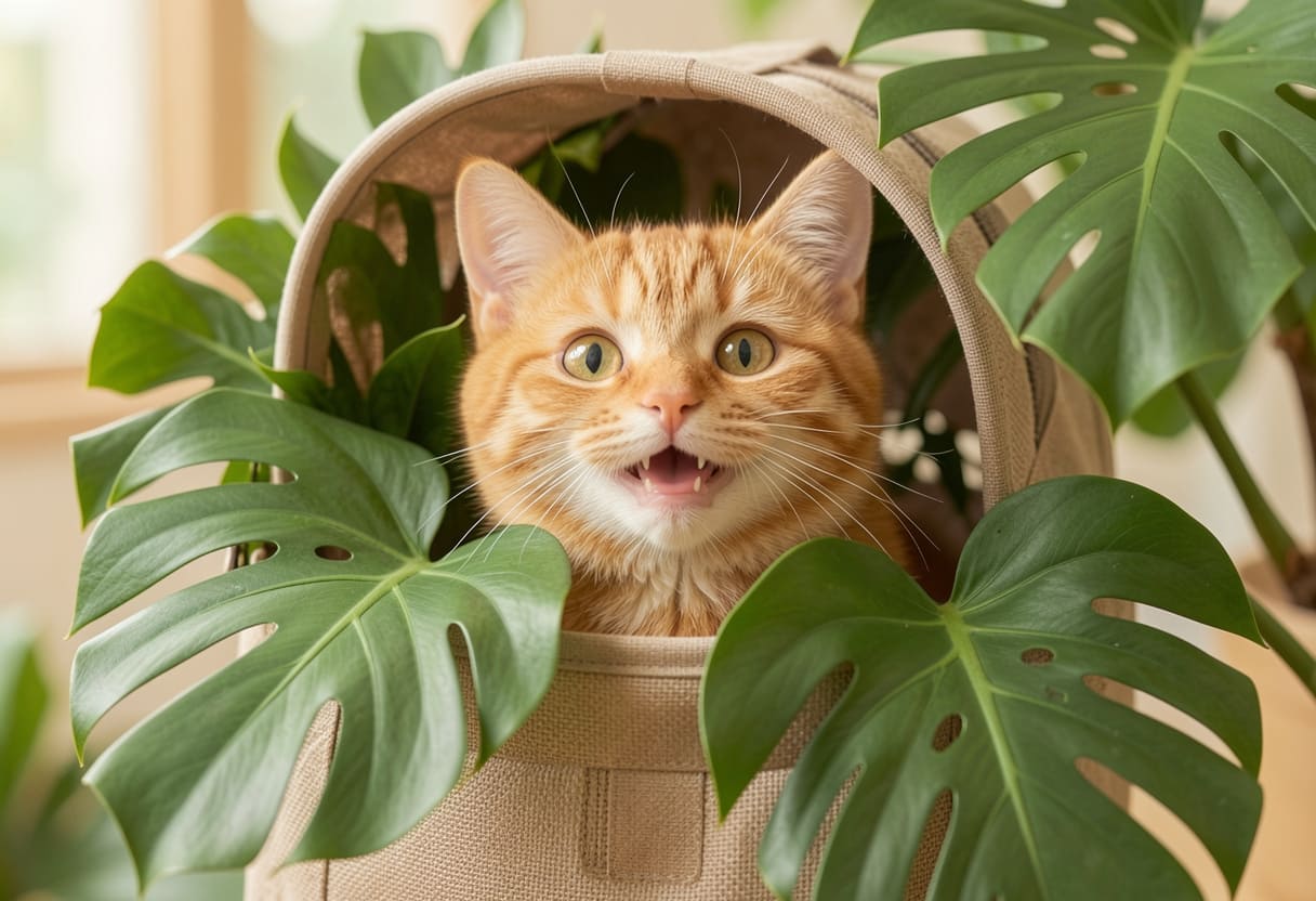 Cat peeking out of a soft carrier surrounded by tropical monstera leaves