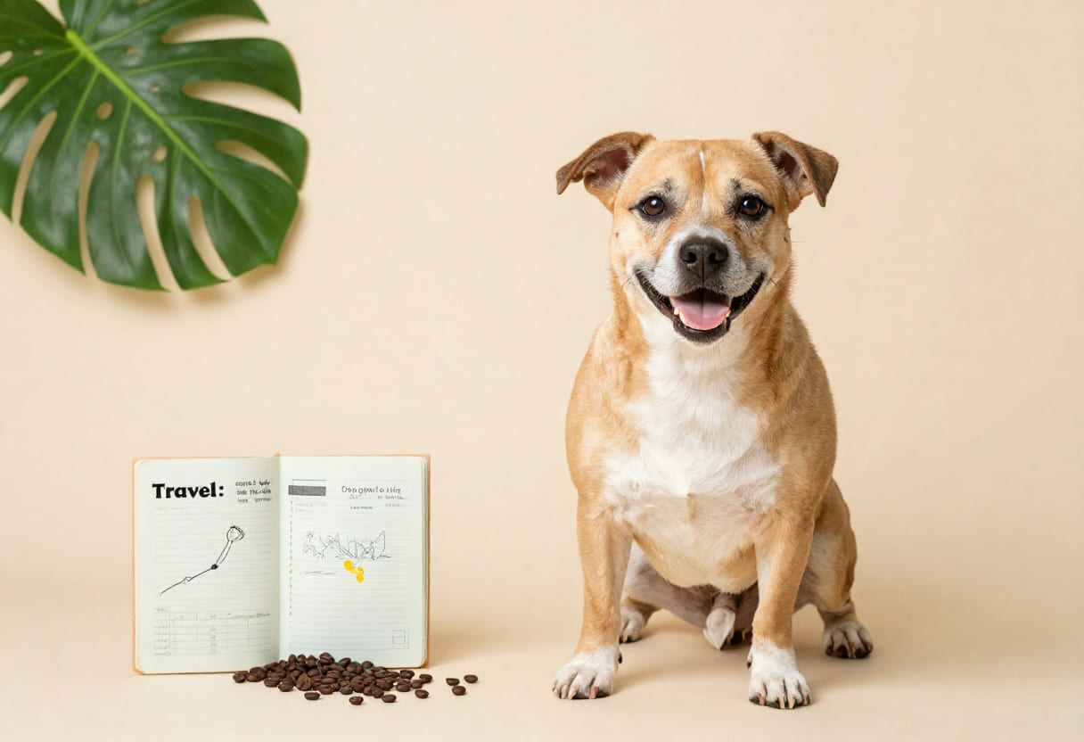 Dog sitting next to a travel journal with a Costa Rica route map and coffee beans
