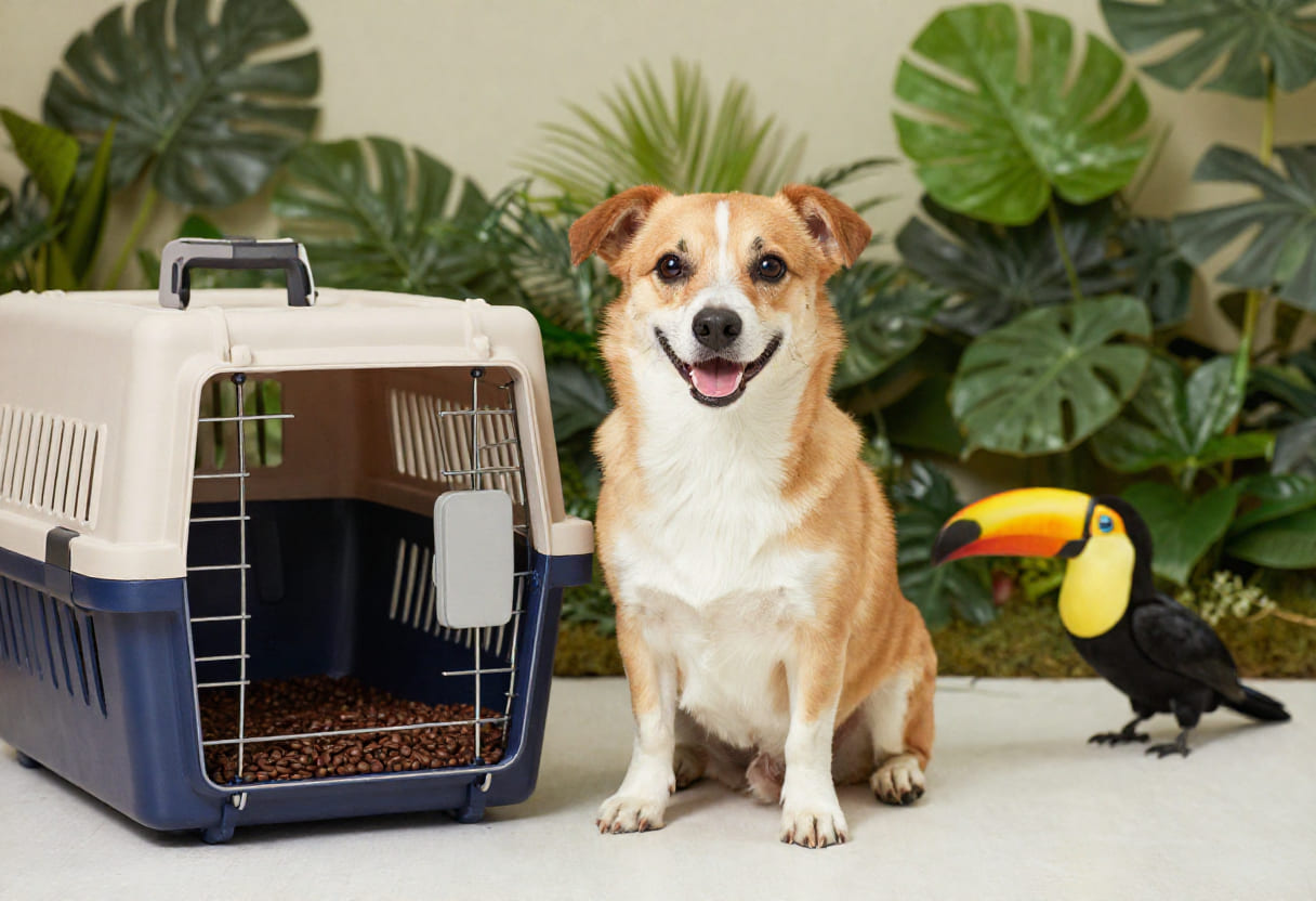 Dog sitting beside a travel crate surrounded by tropical plants and a toucan