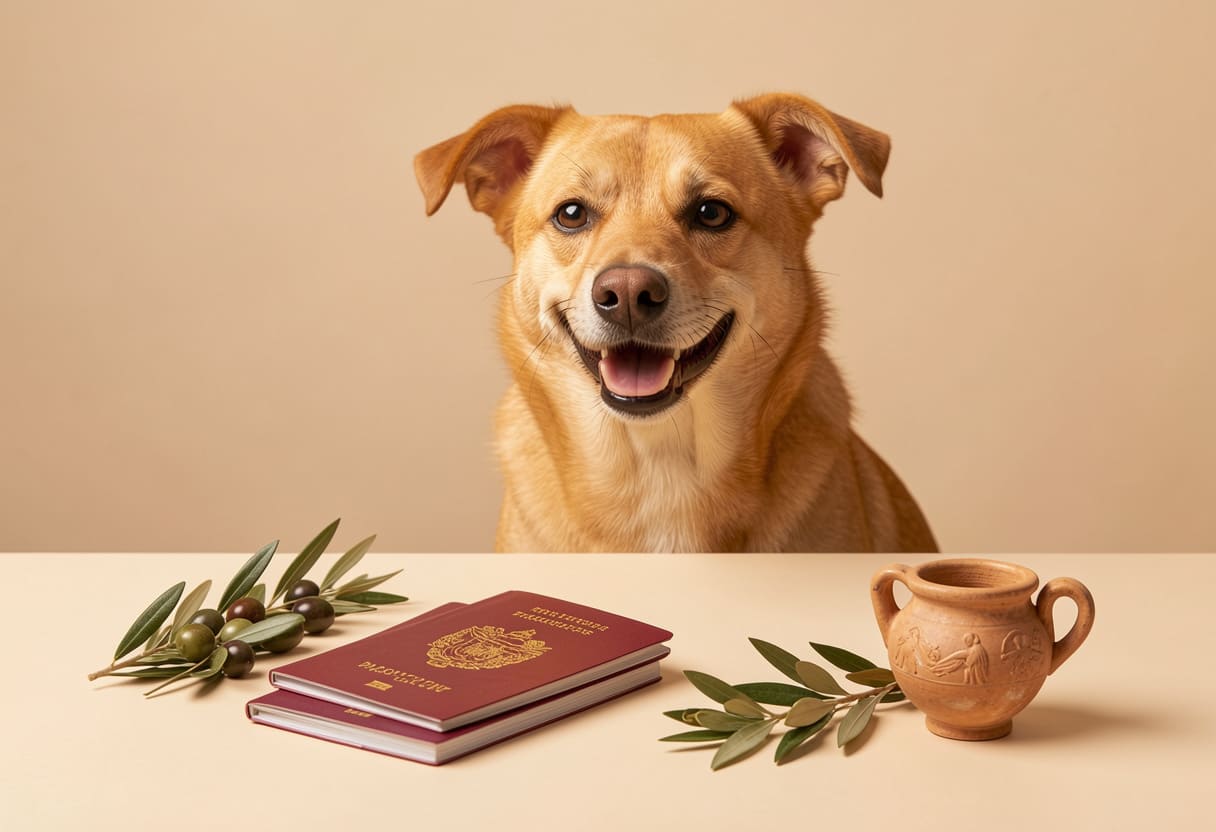 Dog with Greece items and travel papers