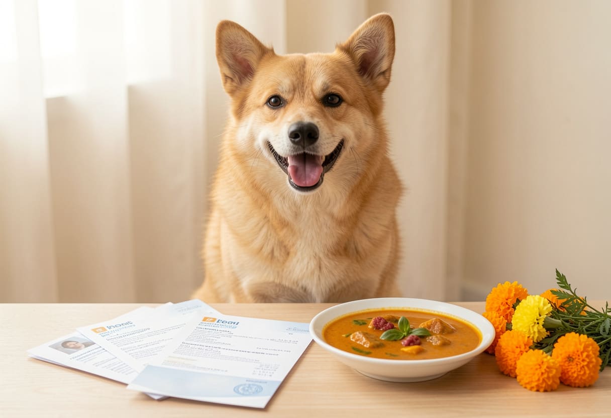 Dog with Indian items and travel papers
