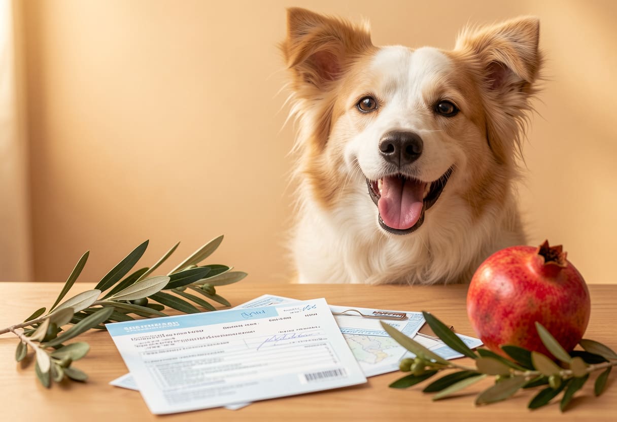Dog with Israel items and travel papers
