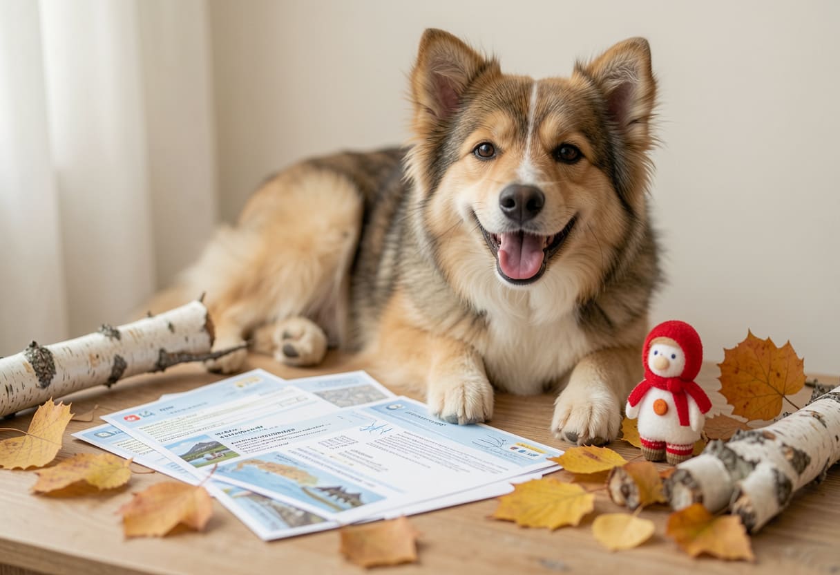 Dog with Sweden items and travel papers
