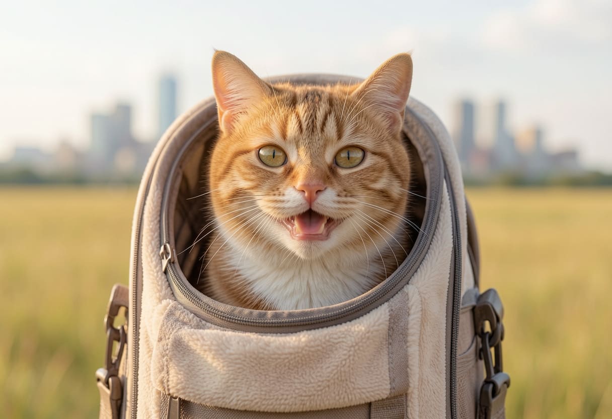Cat in a carrier with a Midwest backdrop