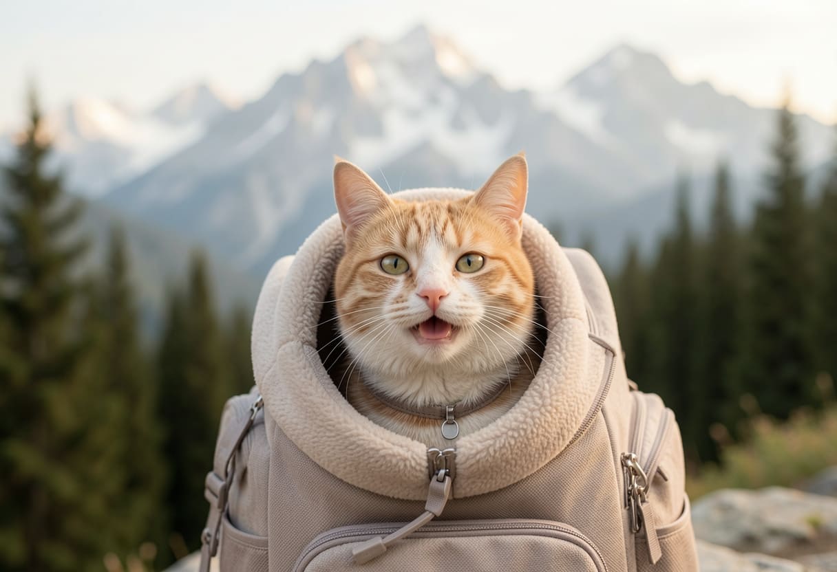 Cat in a carrier with a mountain backdrop
