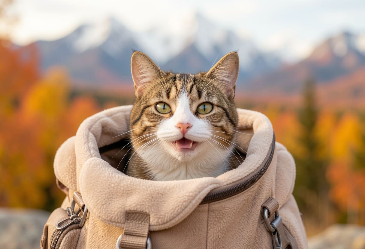 Cat in a carrier with a Northeast backdrop