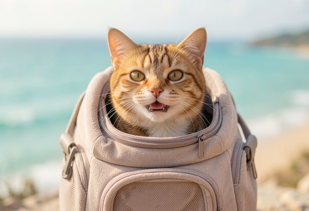 Cat in a carrier with a tropical coastal backdrop