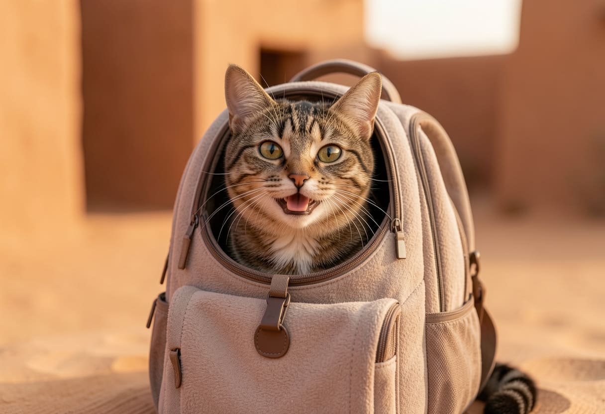 Cat in a carrier with a Southwest desert backdrop