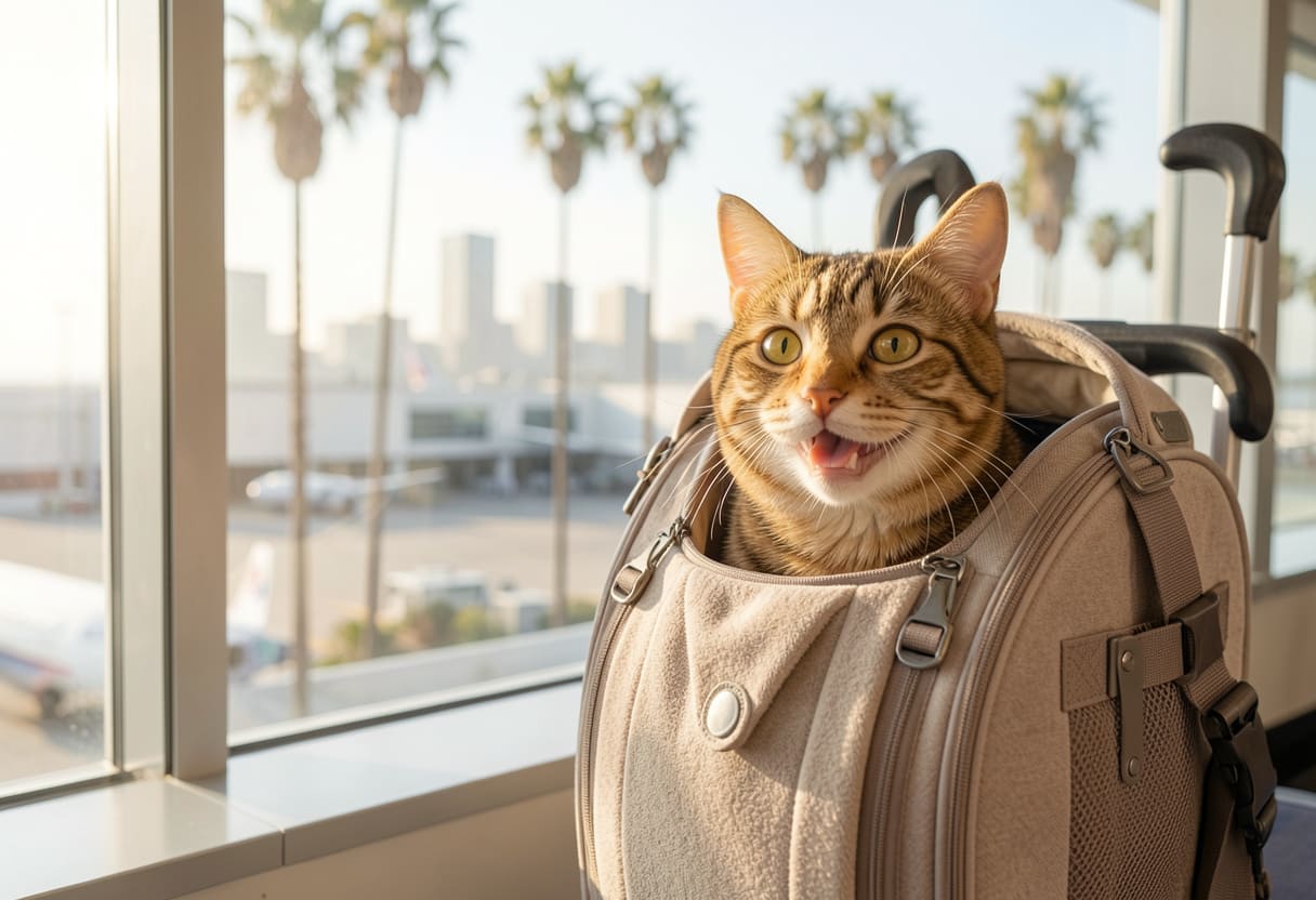 Cat in a carrier near a West Coast airport