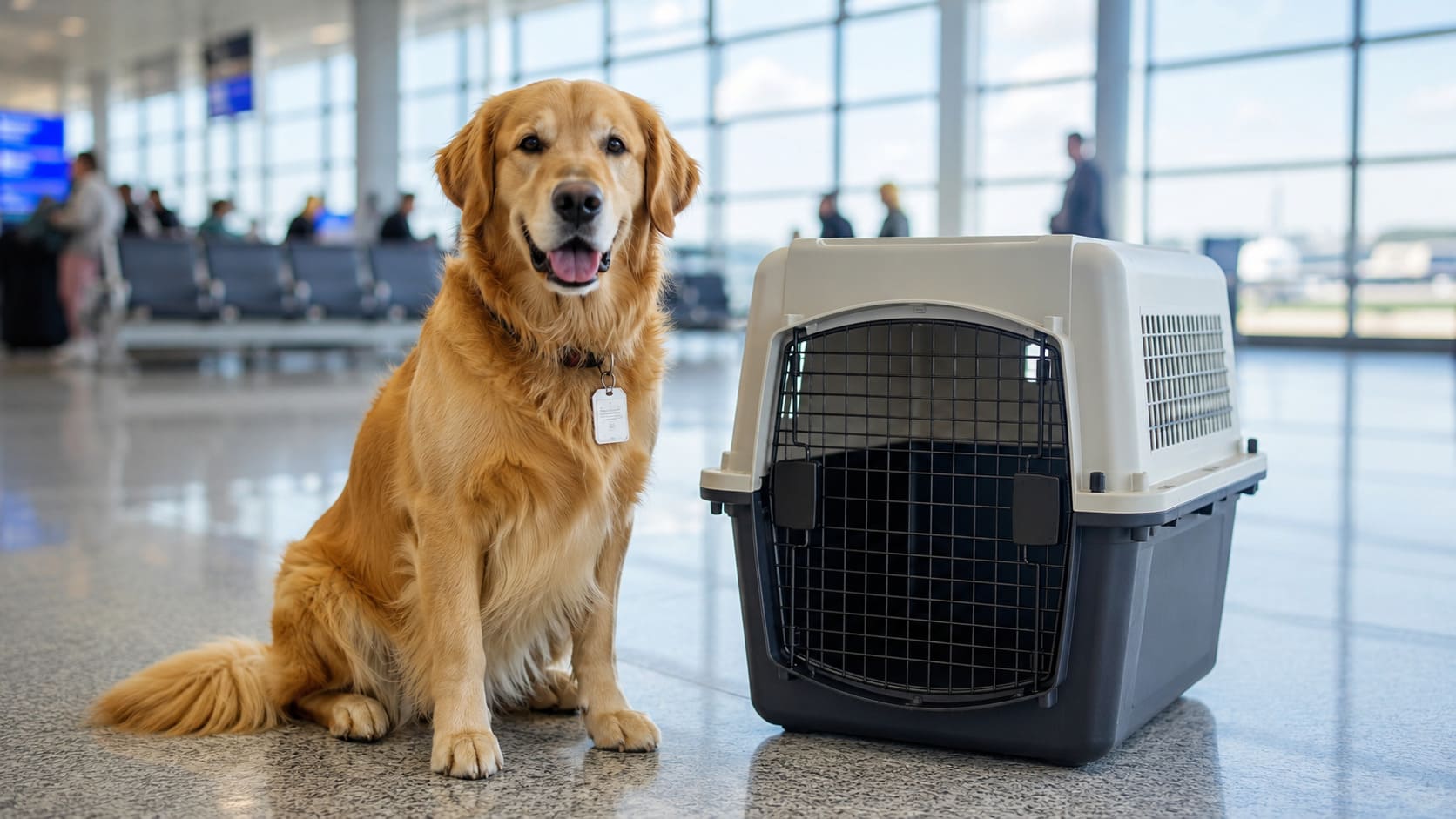 Golden retriever sitting next to a travel crate in a sunlit airport terminal