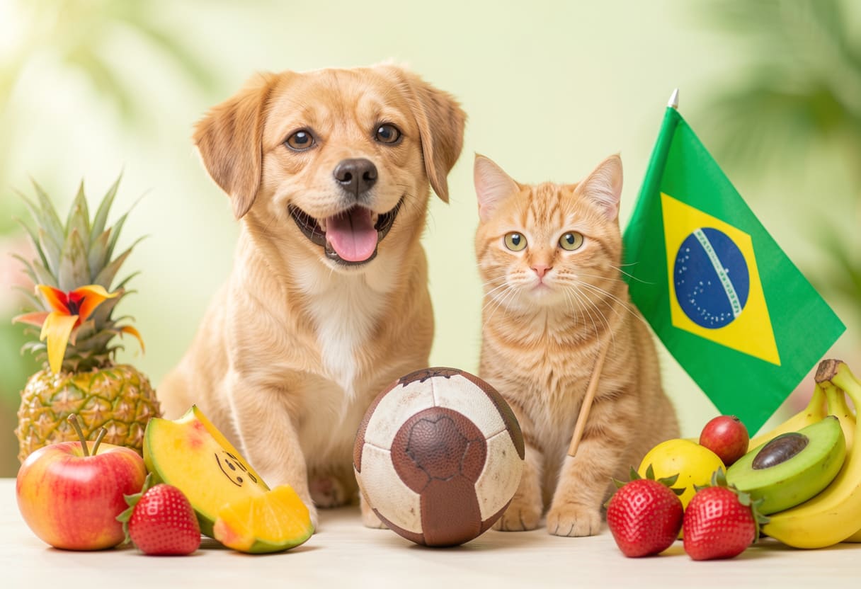 Dog and cat with Brazilian items for pet shipping from the USA to Brazil