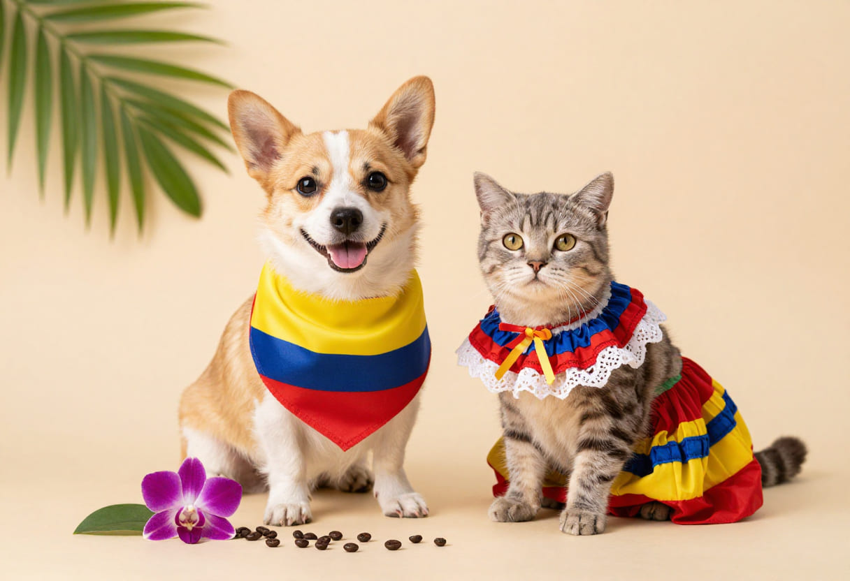 Dog and cat with Colombia items for pet shipping from the USA to Colombia