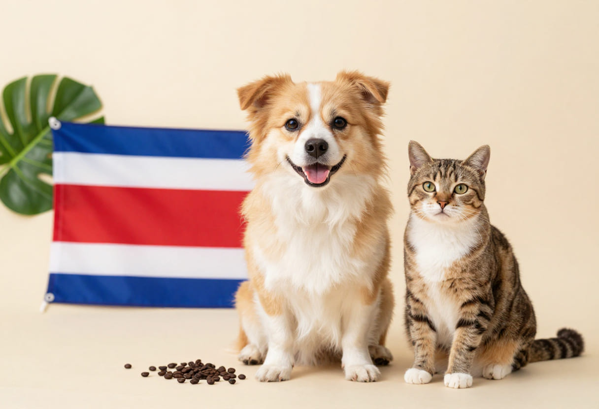 Dog and cat sitting together in front of the Costa Rica flag with tropical leaves