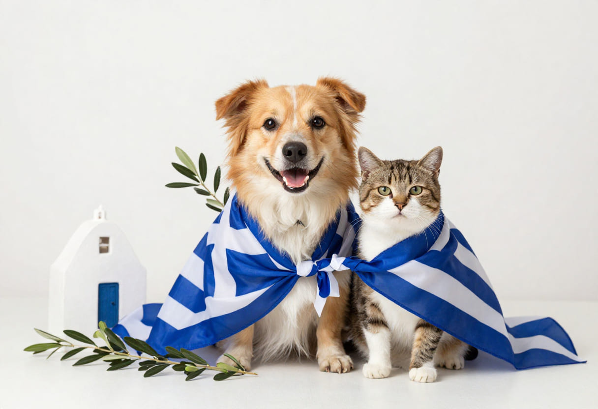 Dog and cat with Greece items for pet shipping from the USA to Greece