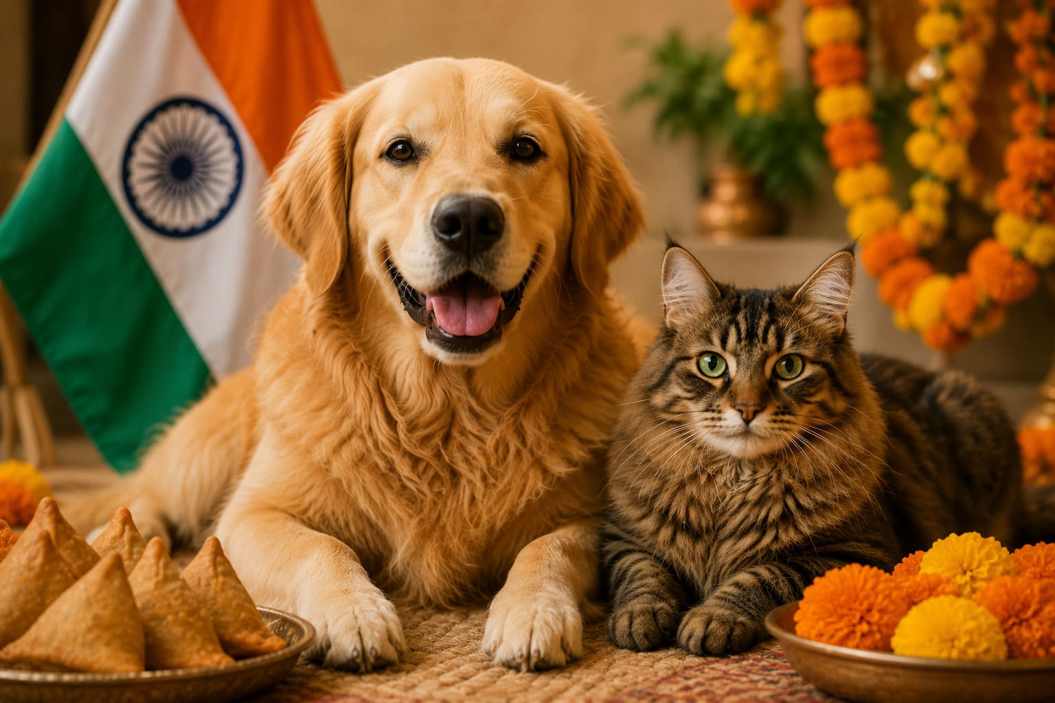Dog and cat with Indian items for pet shipping from the USA to India