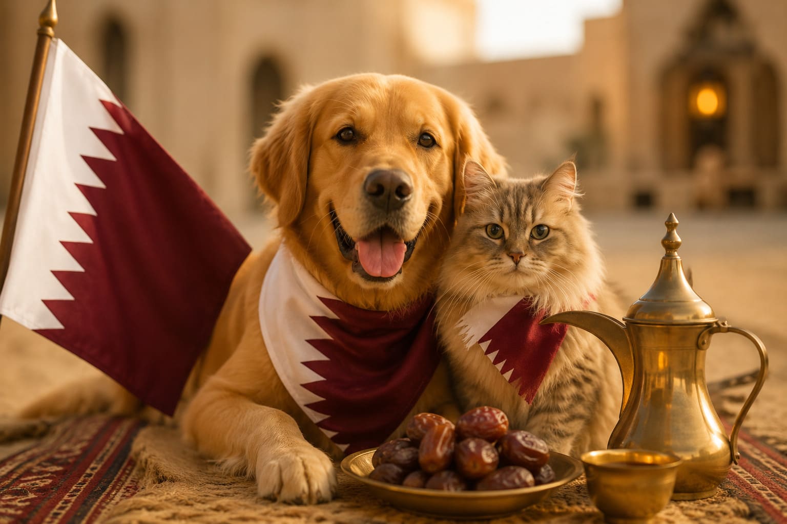 Dog and cat with Qatari items for pet shipping from the USA to Qatar
