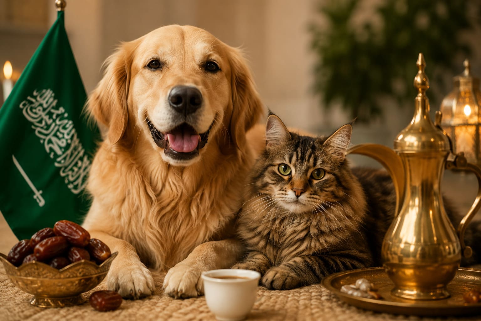 Dog and cat with Saudi items for pet shipping from the USA to Saudi Arabia