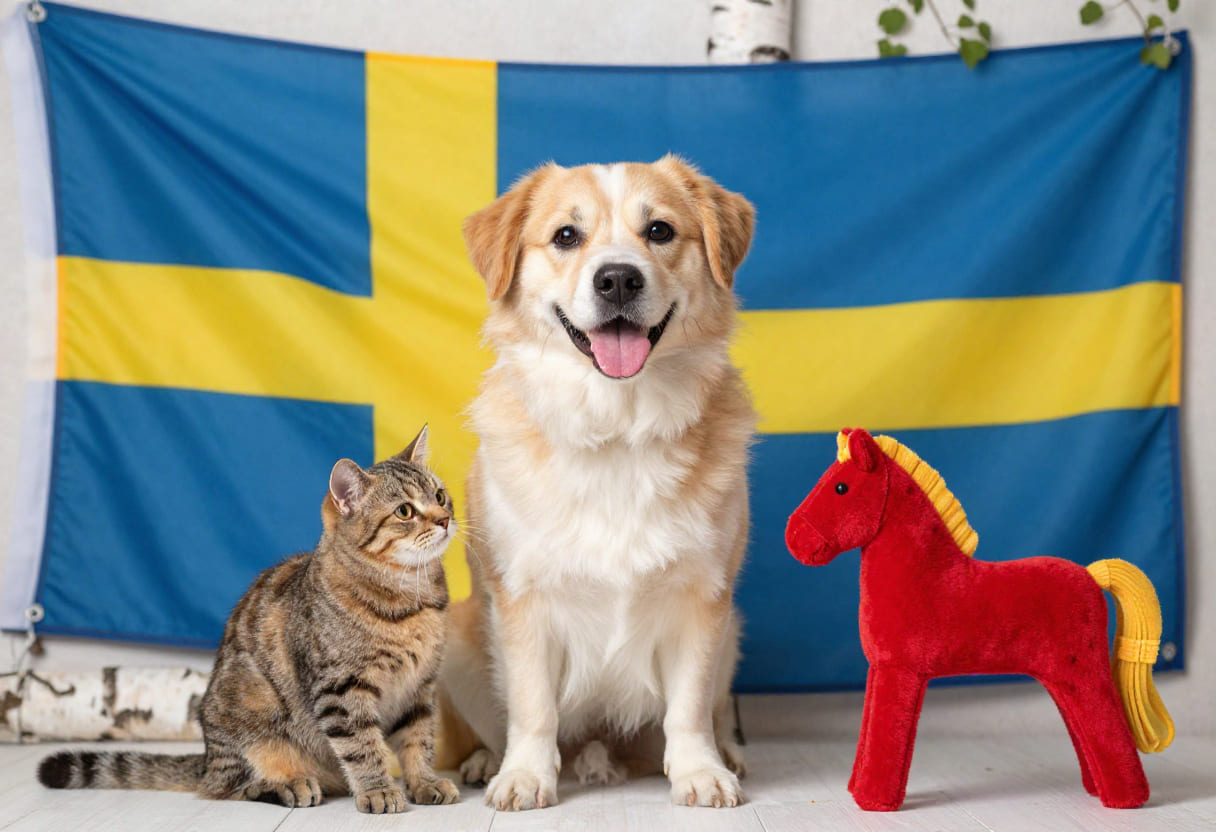 Dog and cat with Sweden items for pet shipping from the USA to Sweden
