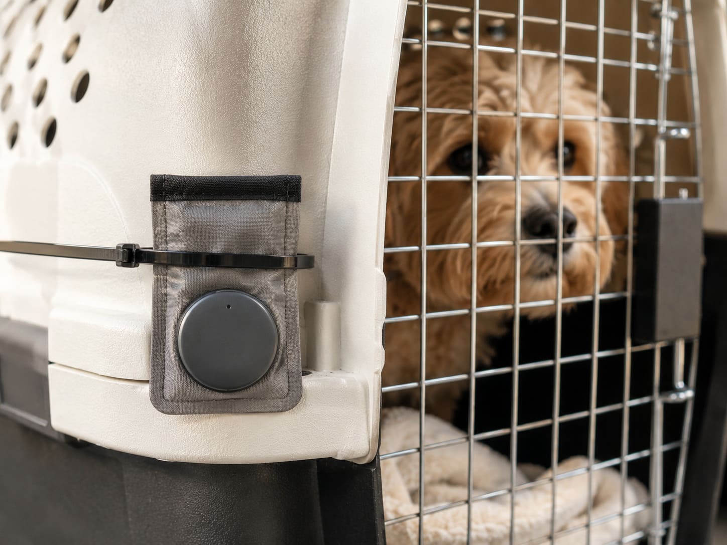 Small tracking device in a flat pouch zip-tied to the outside of a plastic pet travel crate