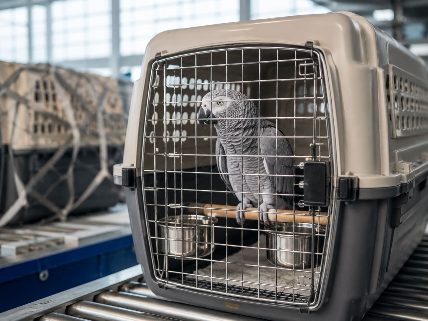 An African grey parrot on a perch inside a plastic travel crate with two steel bowls, on an airport baggage conveyor