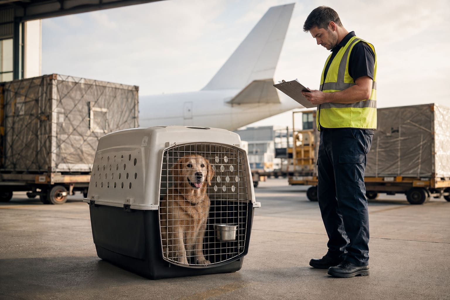 Calm dog in an IATA travel crate at an airport cargo terminal while a handler checks paperwork